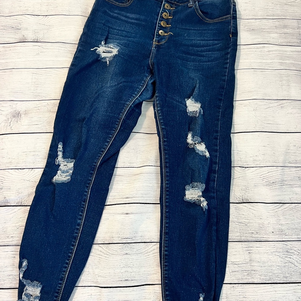 Blue High Rise Distressed Jogger Jeans
